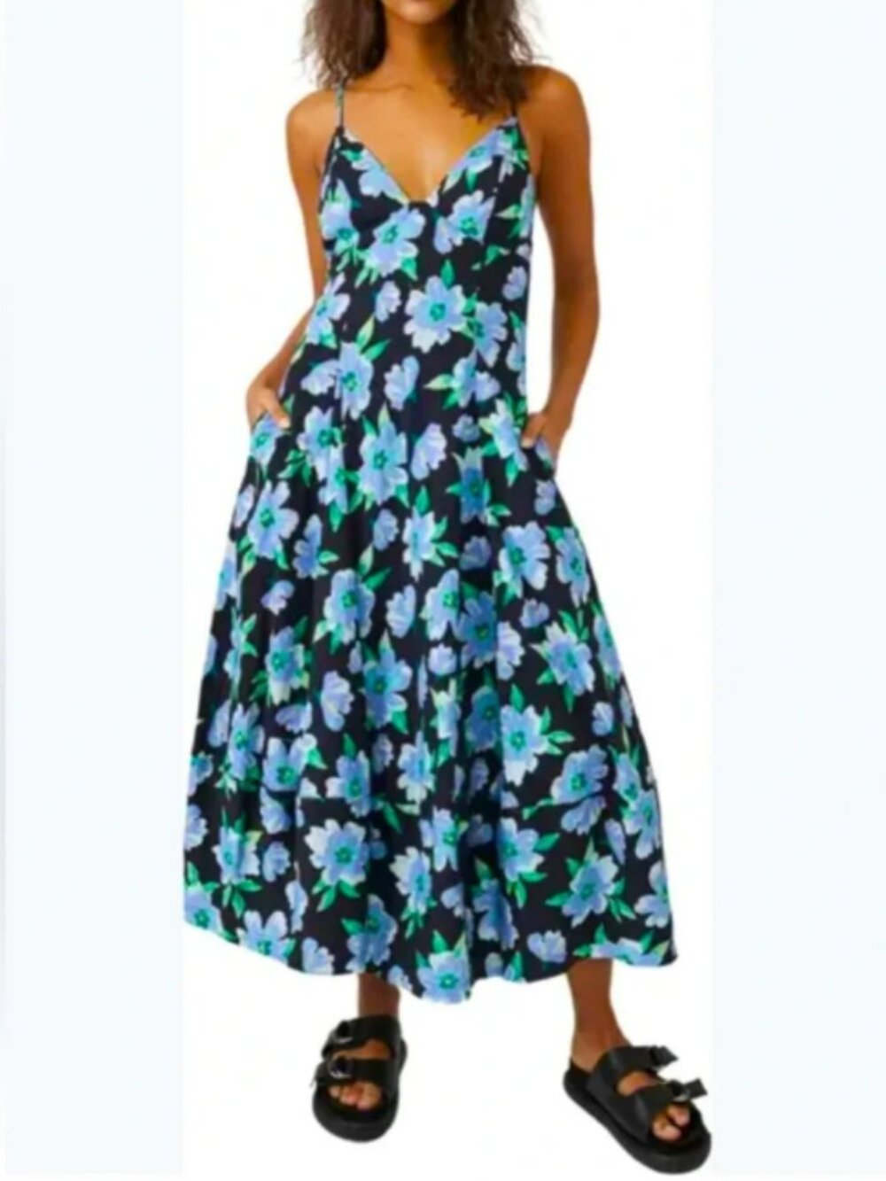 Free People Finer Things Floral Printed Midi Dress Black Blue SP